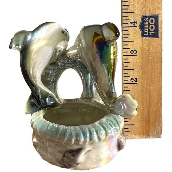Vintage Iridescent Lustreware Ceramic Blue Dolphins on Trinket Bowl 1960s - Picture 9 of 11